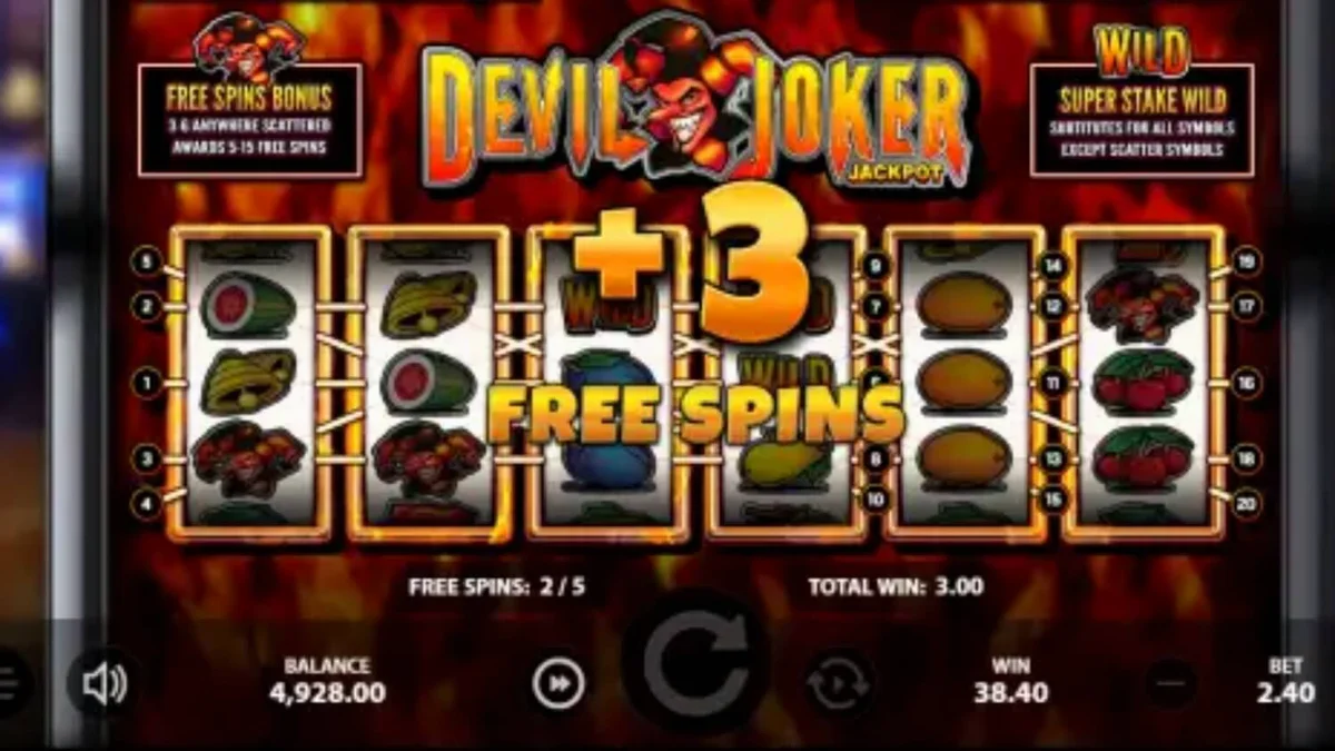 Isang makulay na visual ng Devil Joker Jackpot slot na nagpapakita ng mga klasikong prutas at joker symbols.